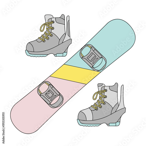 Snowboard with boots in pastel colors, concept of isolation, on a transparent background, without a background  