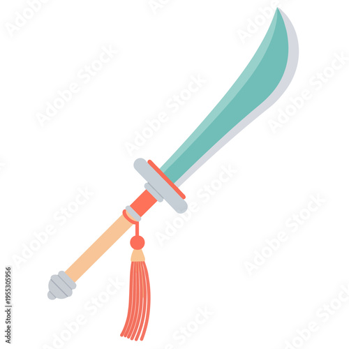 Guan dao weapon illustrated in flat style with a tassel, isolated  