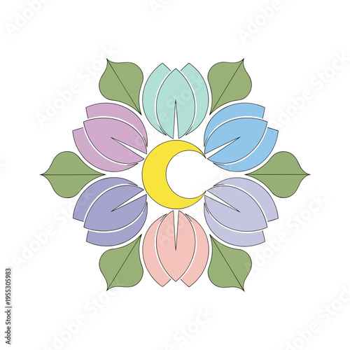Colorful lotus flower circle with leaves on a transparent background  