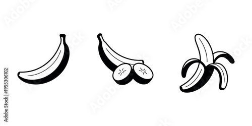 Black and white of three bananas in different stages fruit whole banana sliced banana in white background.