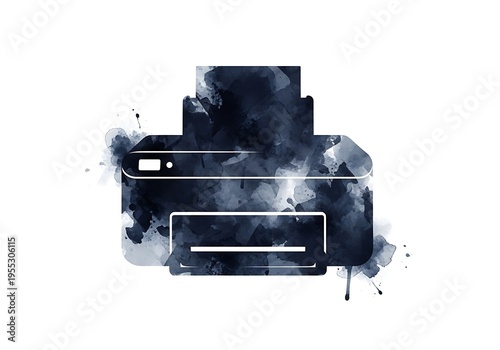 The dark blue camera illustration depicts a device with a rectangular body and lens on a white background with watercolor effects.