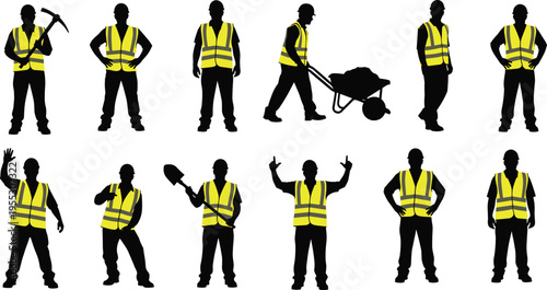 Construction worker silhouette set wearing yellow safety vests, including builders with pickaxe, shovel, and wheelbarrow isolated on white background, vector illustration