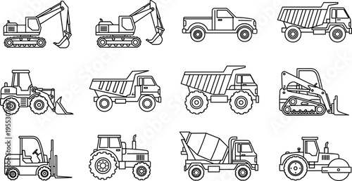Black and white line art construction machinery icons set including excavator, dump truck, cement mixer, forklift, and tractor, vector illustration for coloring