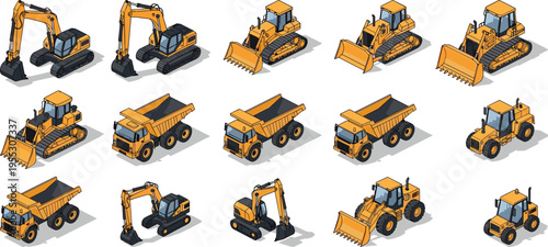 Isometric heavy construction machinery set with yellow excavators, dump trucks, bulldozers, and front loaders for industrial building, earthmoving, mining, and civil engineering project design.
