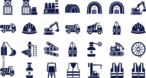 Mining industrial icon set including excavator, dump truck, helmet, dynamite, factory, safety vest, and tunnel silhouettes for coal or gold mine industry, vector