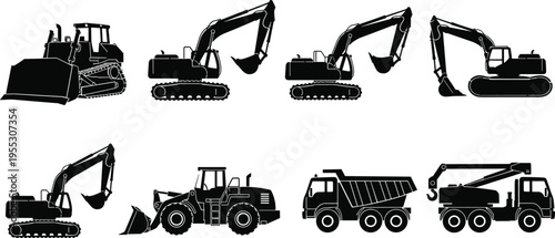 Set of heavy construction machinery black silhouettes including excavators, bulldozer, wheel loader, dump truck and crane truck vector icons isolated on white background