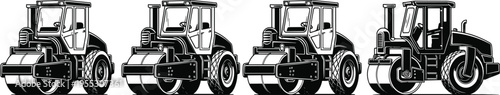 Road roller steamroller heavy machinery construction equipment vector illustration set isolated on white background for industrial design building project engineering site paving.