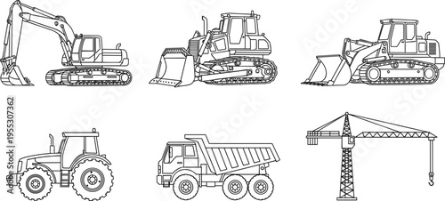 Set of heavy construction machinery icons including excavator, bulldozer, loader, tractor, dump truck and tower crane line art vector illustrations on white background