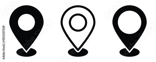 Set of black location pin icons in various minimalist graphic styles. Including outline, solid, and representing navigation, mapping, and destination concepts. illustration on white background . Eps10