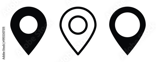 Set of black location pin icons in various minimalist graphic styles. Including outline, solid, and representing navigation, mapping, and destination concepts. illustration on white background . Eps10