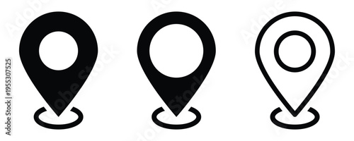 Set of black location pin icons in various minimalist graphic styles. Including outline, solid, and representing navigation, mapping, and destination concepts. illustration on white background . Eps10