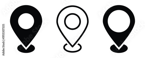 Set of black location pin icons in various minimalist graphic styles. Including outline, solid, and representing navigation, mapping, and destination concepts. illustration on white background . Eps10