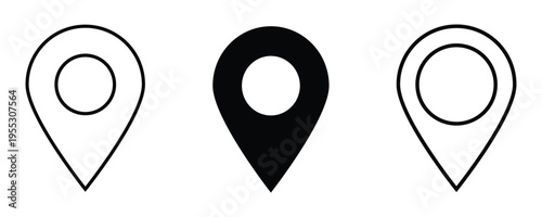 Set of black location pin icons in various minimalist graphic styles. Including outline, solid, and representing navigation, mapping, and destination concepts. illustration on white background . Eps10