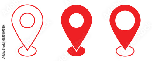 Location icon set map pointer pin sign symbol red solid and outline destination icon place address navigation locator sign. This icons set isolated on white background. Eps10