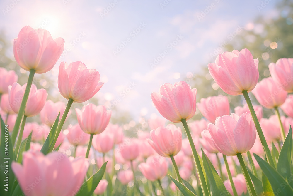 Fototapeta premium A serene field of pink tulips basking in warm sunlight and blue sky