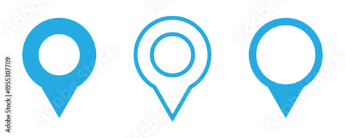 Location map pins icons set. Blue markers on white background. This symbol use for travel, business, maps, GPS, navigation apps, location markers, address indications, geolocation, and UI interfaces. 