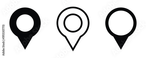 Black location, map, and pin icon collection. GPS, place, markers, pointing, position, and navigation icons set.  This location icons set isolated  on white background.. Vector illustration.