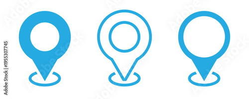 A blue location pin icon on white background and symbolizing navigation and direction collection. This  blue location icons use for map pin, travel app navigation GPS location mark map pointer sign.