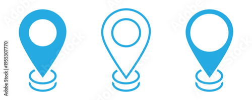 A blue location pin icon on white background and symbolizing navigation and direction collection. This  blue location icons use for map pin, travel app navigation GPS location mark map pointer sign.