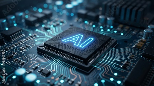 Artificial intelligence AI processor chip on glowing circuit board