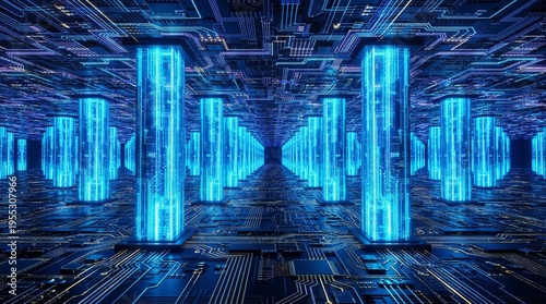 Abstract view inside an AI processor core with glowing lights