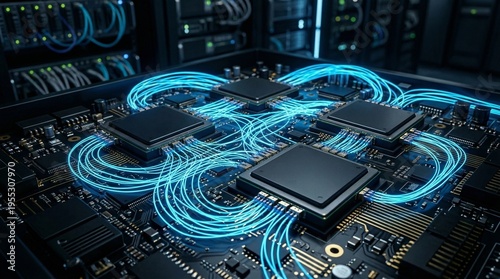 AI processors connected by glowing optical fiber cables