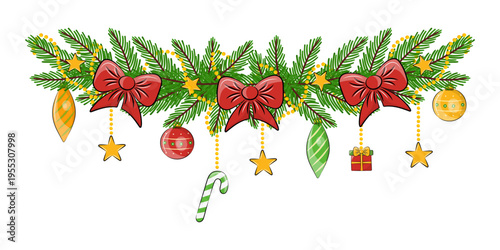 Christmas Decoration Spruce Branches With Ornaments, Bows And Garland