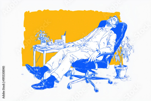 Relaxed man sleeping on office chair with plants and desk in background