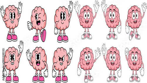 Cartoon brain characters with expressive faces, arms, legs, gloves, shoes showing emotions, educational mascot design for playful neuroscience, psychology, and learning illustration