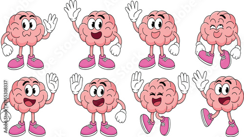 Cartoon brain characters with expressive faces, arms, legs, gloves, shoes in cheerful poses showing emotions for educational mascot, psychology, neuroscience, learning design illustration