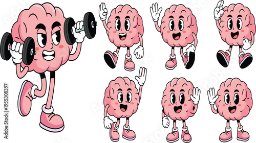 Cartoon brain characters with smiling faces, gloves, shoes, expressive poses including exercise with dumbbells, peace signs, waving, cheerful mascot for education, psychology, neuroscience design