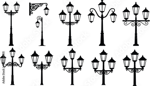 Elegant vintage street lamp silhouettes collection featuring ornate wrought iron designs, classical decorative lantern posts, wall mounted and freestanding urban lighting elements