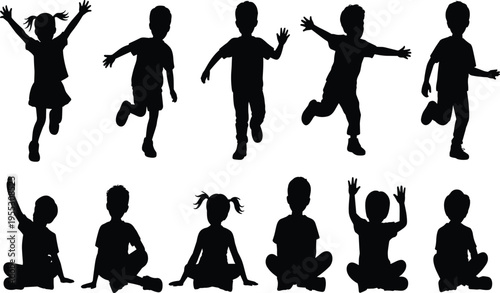 Silhouettes of children in playful standing, running, and sitting poses with raised arms, waving gestures representing youthful energy, activity, and educational design illustration