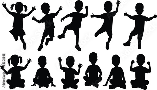 Silhouettes of children in active and sitting poses, playful jumping, standing, cross‑legged gestures representing youthful energy, relaxation, and educational design illustration