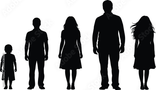 Silhouettes of diverse human figures standing together, representing family group, age variation, gender diversity, growth stages, demographic comparison for design and illustration