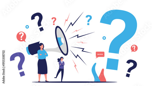 Two women communicating loudly through a megaphone surrounded by numerous colorful question marks representing a lack of clarity.