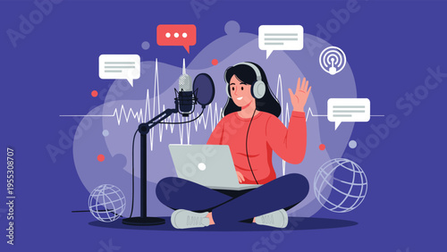 Creative woman wearing headphones recording a podcast or live stream using a professional microphone and laptop in a modern purple studio.