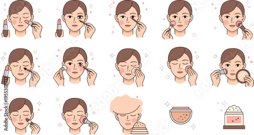 Makeup application steps set with foundation blush powder and brushes, face beauty routine process collection vector illustration