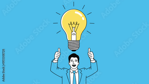Enthusiastic businessman in a suit giving a double thumbs up with a giant glowing light bulb above his head symbolizing a great idea.