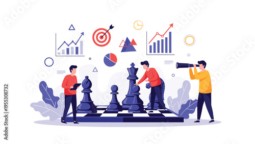 Business strategy concept showing professionals playing chess with giant pieces surrounded by various financial growth charts and icons.