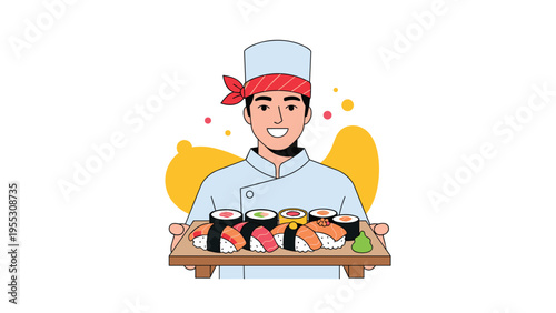 Professional smiling sushi chef in a white uniform and hat holding a large wooden tray with a colorful assortment of fresh fish sushi.