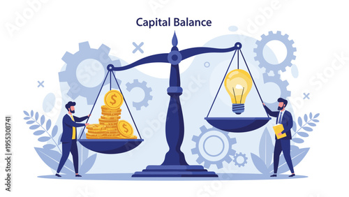 Capital balance concept showing a large scale with stacks of gold coins on one side and a glowing light bulb on the other for innovation value.
