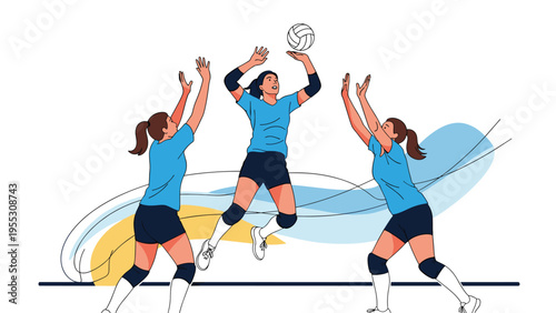 Three active young women in blue athletic uniforms playing an intense game of volleyball on a white background with abstract motion lines.