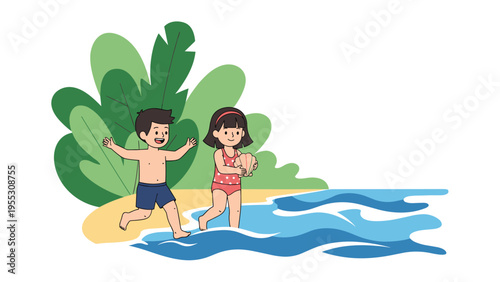Little boy and girl in swimwear having fun at the beach by running near the ocean waves and examining a large pink seashell together.