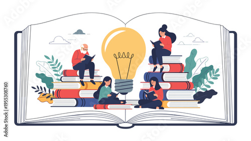 Education and knowledge concept showing diverse people sitting on stacks of books around a giant glowing light bulb inside an open book.