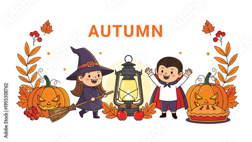 Festive autumn scene featuring two children in a witch and vampire costume standing among carved pumpkins, autumn leaves, and a lantern.