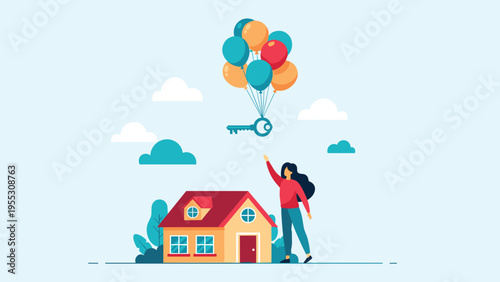 Real estate achievement concept showing a woman reaching for a house key floating with colorful balloons above a small suburban home.