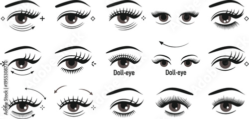 Eye makeup styles set with eyelashes and eyebrows variations, beauty lash designs and eye expressions collection vector illustration
