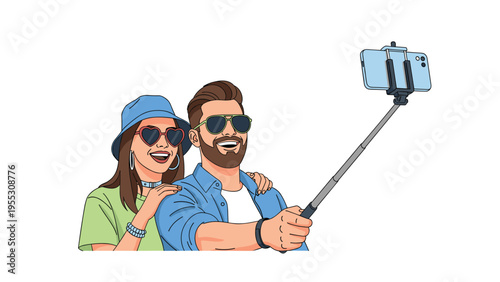 Happy young couple in stylish summer outfits and heart-shaped sunglasses taking a selfie together using a selfie stick and smartphone.