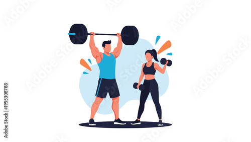 Strong man and fit woman in athletic wear performing weightlifting exercises with a barbell and dumbbells in a modern gym setting.